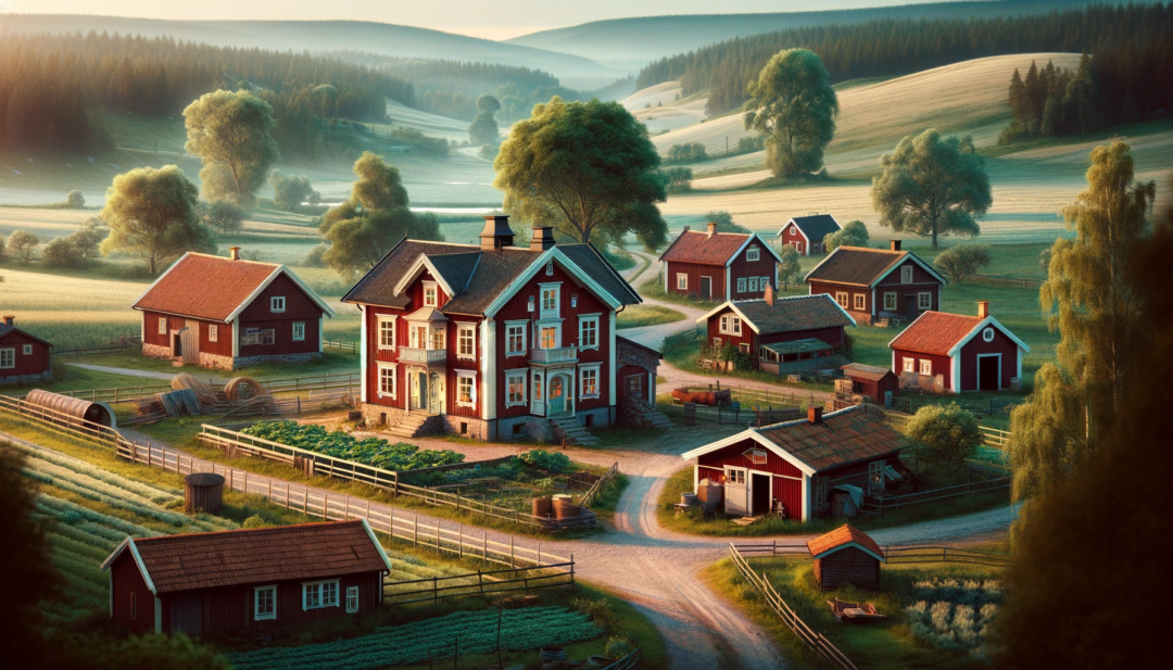En pittoresk svensk bondgård, i storleken 1200x800, som visar en mångfald av traditionella svenska hus och byggnader. Scenen är placerad på landsbygden.